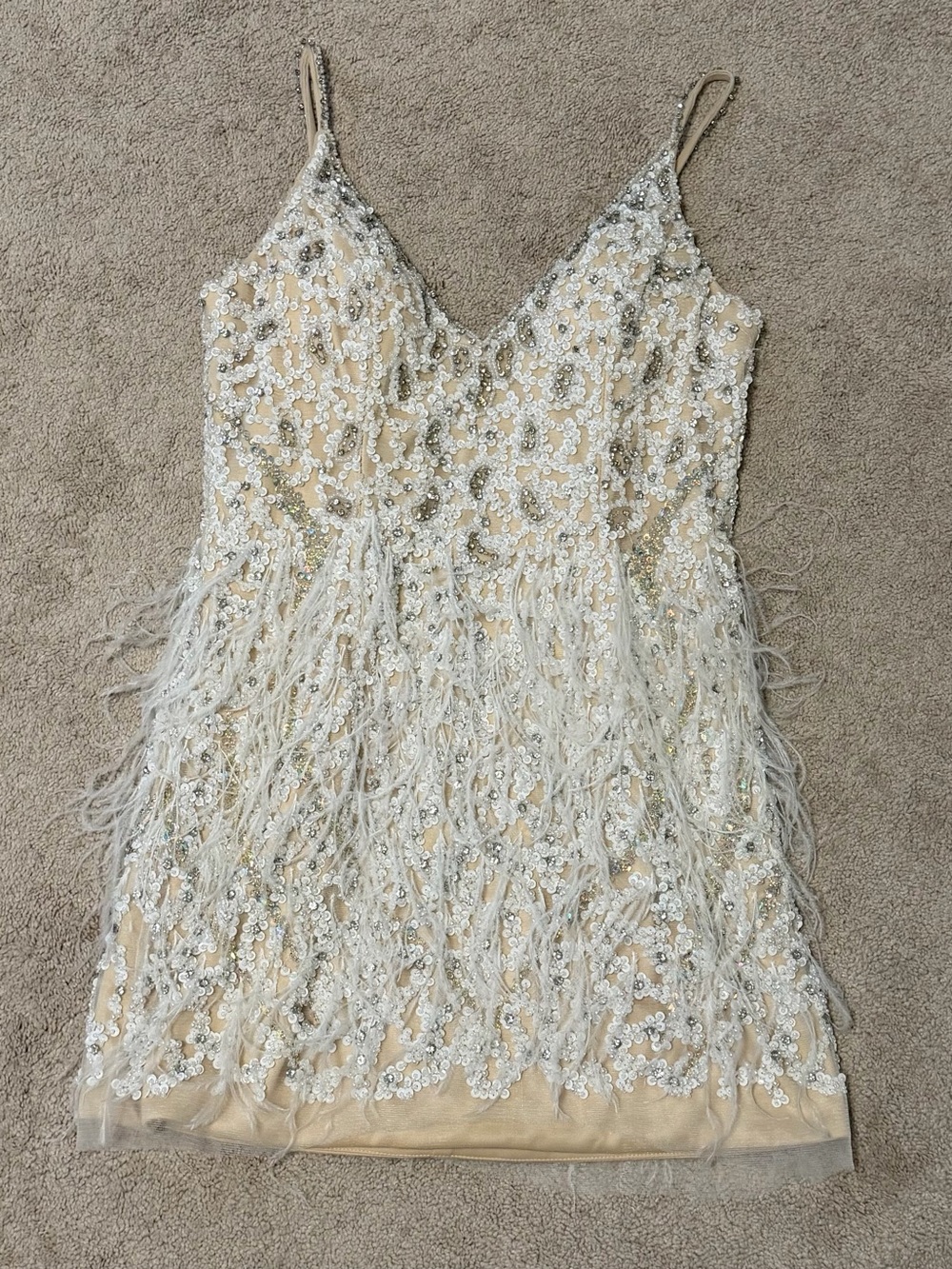 Embellished Ivory Sequin Feather Slip Dress